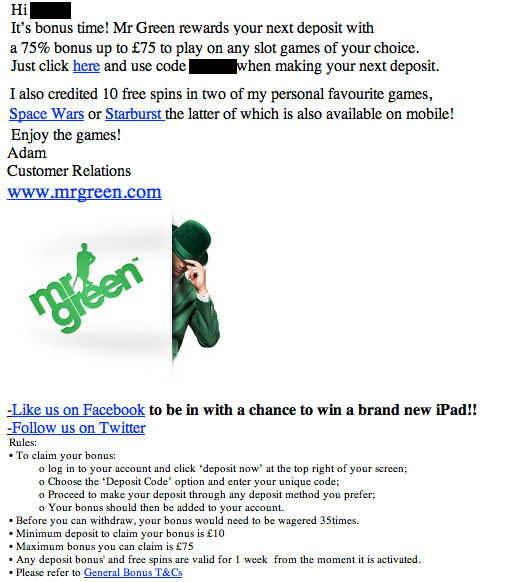 mr green free spins emails